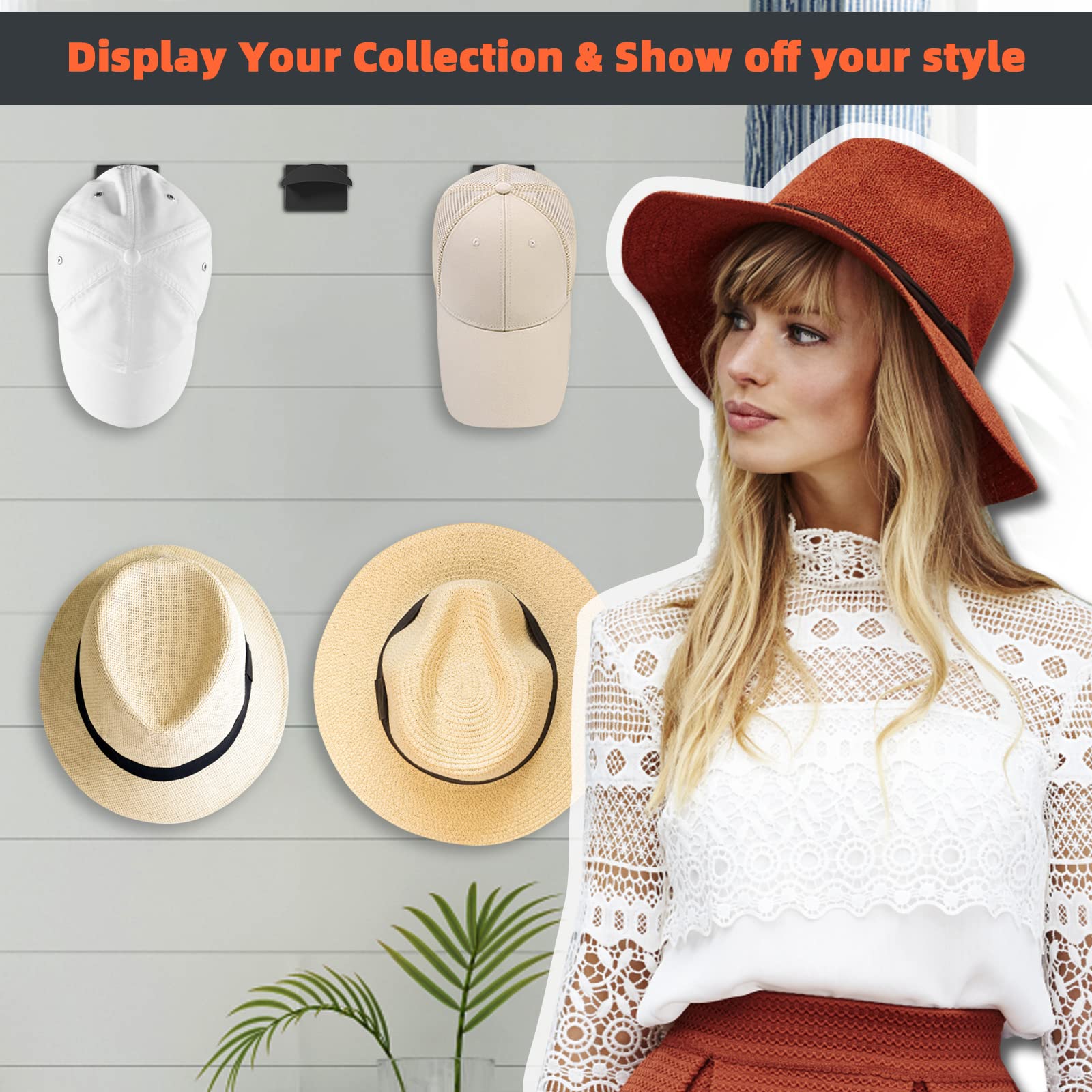 Kovspo 10 Pcs Adhesive Hat Hooks For Wall, Strong Hold Hat Hangers, Minimalist Hat Rack Design, No Drilling, Hat Hooks For Baseb